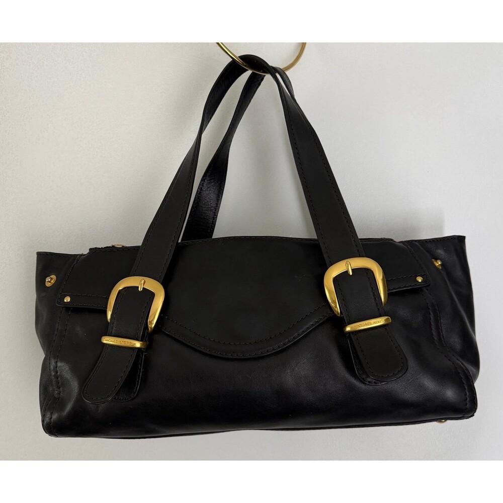 Vintage Michael Kors Black Leather Shoulder Bag with Gold Buckles